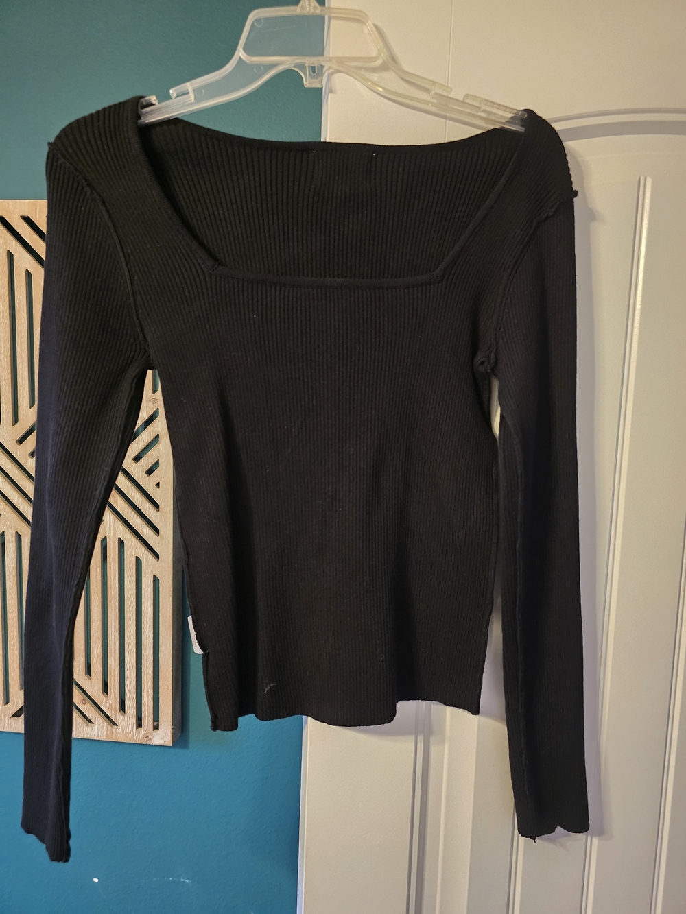 Women's Long-Sleeve Ribbed Square-Neck Top - Black
